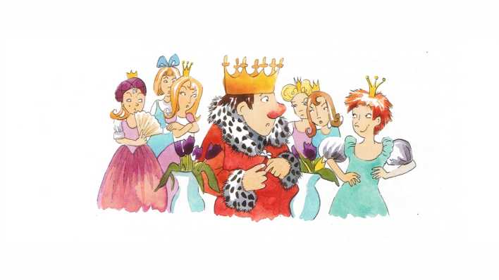 Bunte Zeichnung: der König umgeben von Prinzessinnen (Quelle: Ellermann Verlag/Iris Hardt)