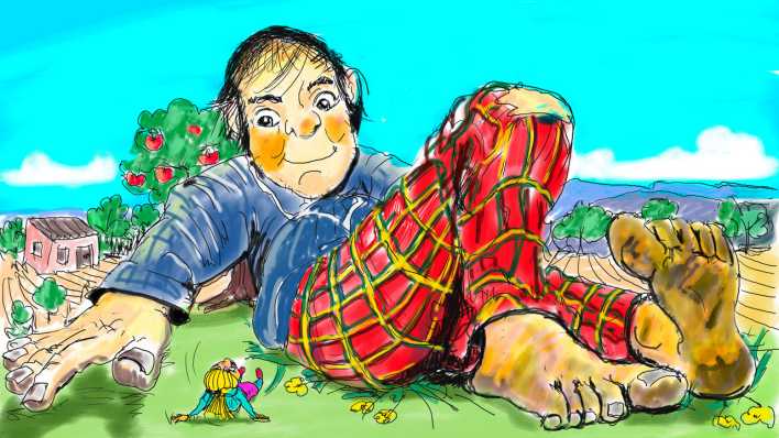 Bunte Zeichnung: ein Riese liegt auf einer Wiese, vor einem sehr kleinen Haus, vor ihm ein kleines Mädchen (Quelle: H. D. Tylle)