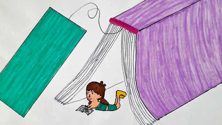 Bunte Zeichnung: ein Mädchen liest unter einem Buch, an dem ein grünes Lesezeichen gebunden ist (Quelle: rbb/OHRENBÄR/Celina Bichtler)