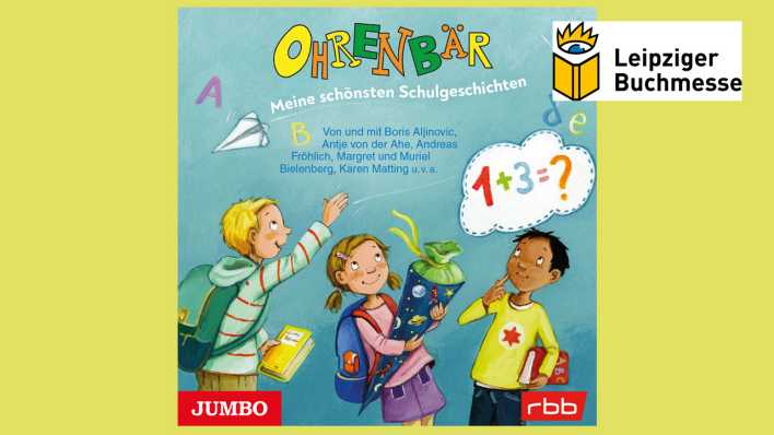 CD-Cover "OHRENBÄR: Meine schönsten Schulgeschichten" und Logo der Leipziger Buchmesse
