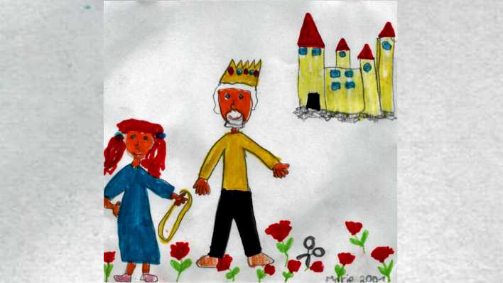 Bunte Kinderzeichnung: ein Mädchen und ein König vor einem Schloss (rbb/OHRENBÄR/Marie)