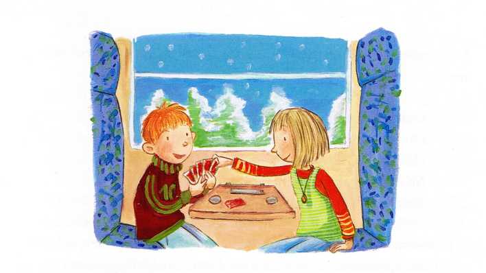 Zeichnung: Anna und Paul spielen im Zugabteil Karten (Quelle: Ellermann Verlag/Barbara Korthues)