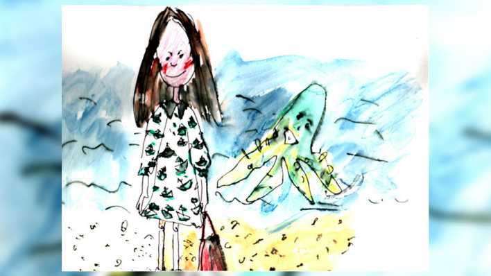 Zeichnung der Autorin: Rita im Kleid mit Schiffchen und mit dem Ungeheuer (Quelle: Karen Matting)