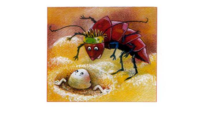 Zeichnung: Carlos, der Kakerlak, entdeckt die Mehlmottenlarve Priscilla (Quelle: Deutsche Grammophon/Jutta Timm)