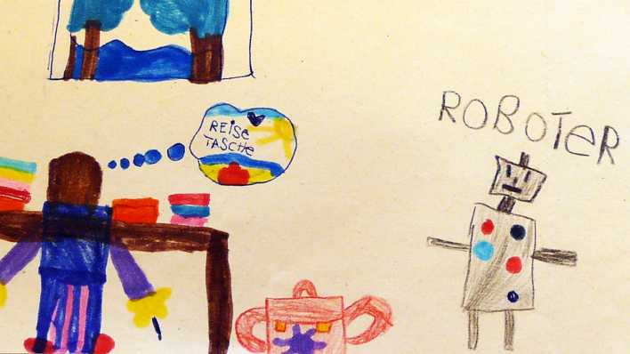 Bunte Kinderzeichnung: eine Figur am Tisch denkt an Urlaub und rechts daneben ein Roboter (Quelle: rbb/OHRENBÄR/Felicitas)