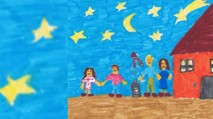 Kinderzeichnung: Familie vor dem Haus unter dem Sternenzelt mit Sternschnuppe, eine Rakete startet (Quelle: Andreas Kaufmann)