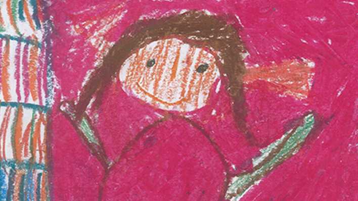 Eine bunte Kinderzeichnung: ein Mädchen hebt die Arme und etwas ist an ihrem linken Ohr (Quelle: rbb/OHRENBÄR)