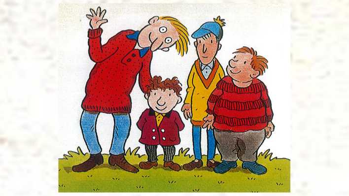 Farbige Zeichnung: vier Jungen, einer dick, einer schlank, einer groß, einer klein (Quelle: Deutsche Grammophon/Erhard Dietl)