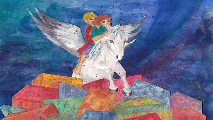 Zeichnung: Ein Mädchen und ein Junge sitzen auf Pegasos, steigen über einen Berg mit prachtvoll eingebundenen Büchern, im Hintergrund der dunkelblaue Himmel (Quelle: Charlotte Rieger)