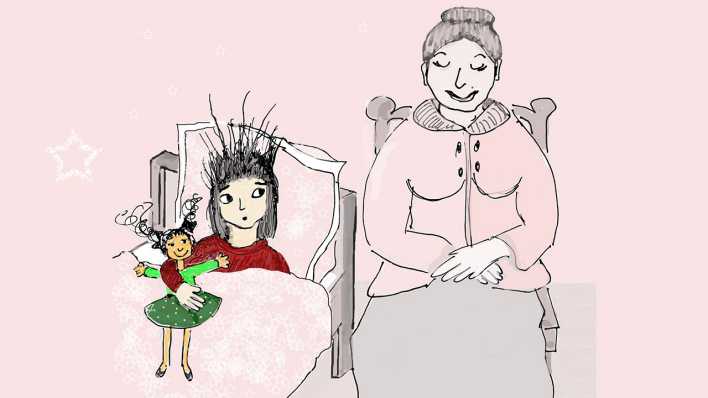 Bunte Zeichnung der Autorin: Oma sitzt am Bett der Enkelin Emmi, die die Puppe Tornadofee im Arm hält (Quelle: Susanne Kornblum)