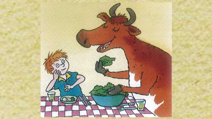 CD-Cover: bunte Zeichnung mit einer Kuh, die Salat frisst und mit einem Jungen am Tisch sitzt (Quelle: Deutsche Grammophon/Erhard Dietl)