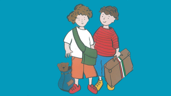 Zeichnung: zwei Jungen mit Reisegepäck (Quelle: Altberliner Verlag/Jara Capek)