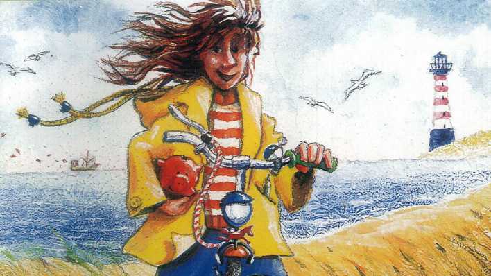 Bunte Zeichnung: ein Mädchen mit "Ostfriesennerz" auf einem Fahrrad, im Hintergrund das Meer, Möwen und ein Leuchtturm (Quelle: Esslinger/Silvio Neuendorf)