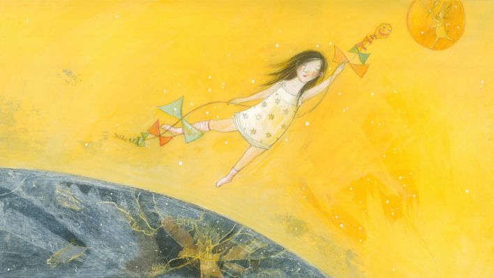 Bunte Zeichnung: Gabriele in einem Sternenkleid fliegt mit einem Papierdrachen durch den gelben Raum, unter ihr die Erde, vor ihr der Mond, darauf ein Hase (Quelle: rbb/OHRENBÄR/Daniela Bunge)