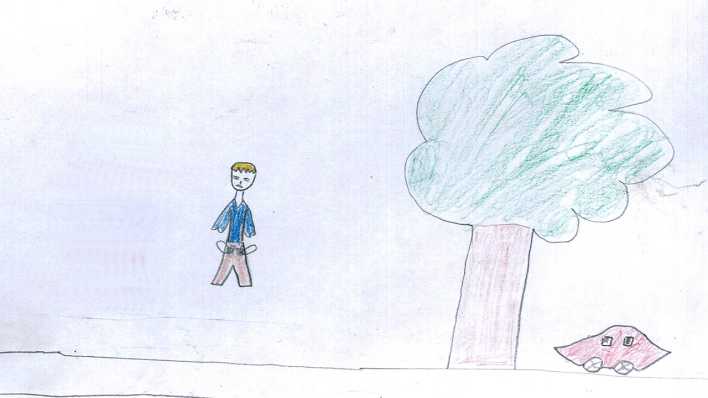Bunte Kinderzeichnung: ein kleiner Junge mit heraushängenden Hosentaschen, rechts ein Baum und ein Auto (Quelle: rbb/OHRENBÄR)