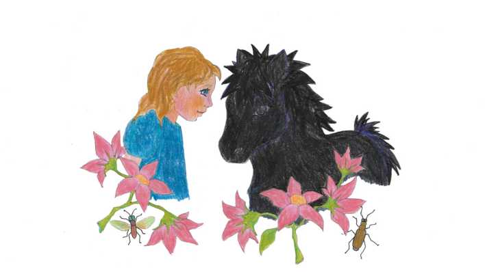 Bunte Zeichnung: links das Mädchen Lisa, rechts das Shetlandpony Klivia, Kopf an Kopf, Drumherum sind Blumen und kleine Tiere (Quelle: Charlotte Rieger)