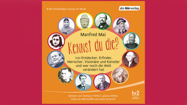 CD-Cover: Porträts von Persönlichkeiten der Weltgeschichte in kleinen bunten Kreisen auf dem Rand eines Ellipse, darin steht u.a.: Kennst du die? (Quelle: Der Hörverlag)