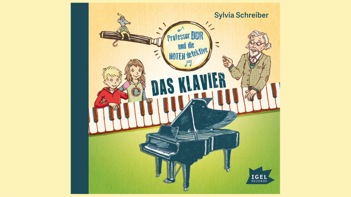 CD-Cover: ein Flügel; Junge, Mädchen und ein älterer Herr an einer großen Klaviertastatur, darüber eine Maus auf einer Lupe (Quelle: Igel Records)
