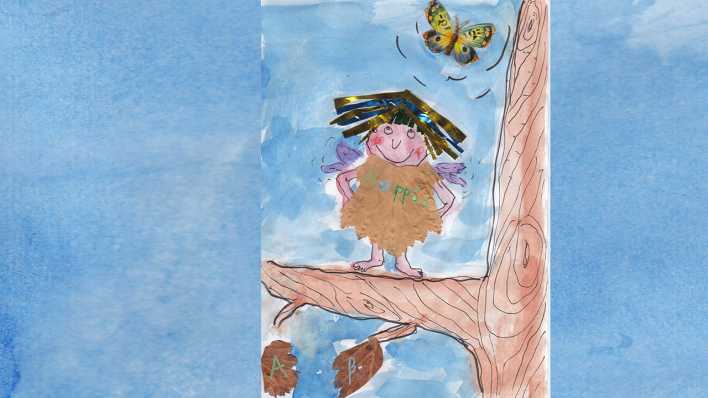 Bunte Zeichnung der Autorin: ein kleines Wesen mit Engelsflügel auf einem Ast, Blätter mit Buchstaben drauf, darüber ein bunter Schmetterling (Quelle: Karen Matting)