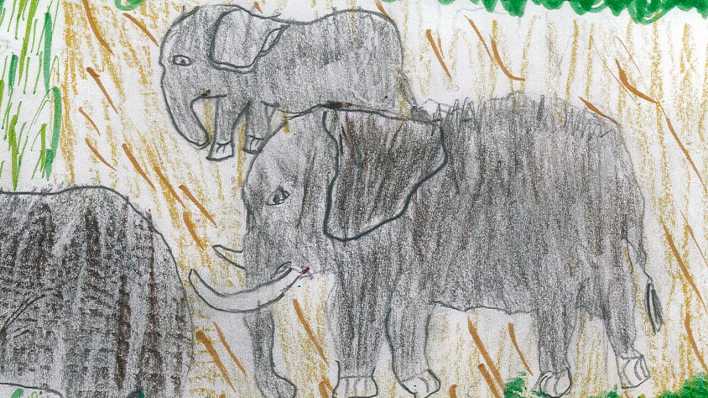 Bunte Kinderzeichnung: Elefantenfamilie im Dschungel (Quelle: rbb/OHRENBÄR/Emma)