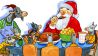 Bunte Zeichnung: die Geiß mit ihren sieben Geißlein und der Weihnachtsmann essen gemeinsam am Tisch (Quelle: rbb/OHRENBÄR/Leonard Erlbruch)