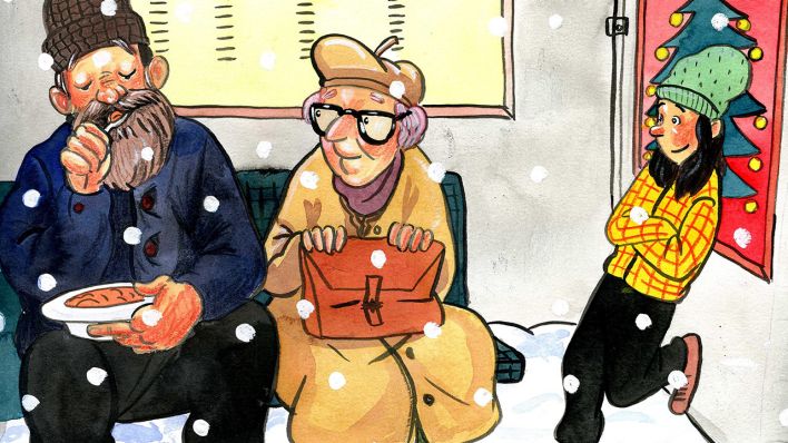 Bunte Zeichnung: ein Mädchen lehnt an der Wand an einem Poster mit Weihnachtsbaum und beobachtet zu zwei ältere Menschen auf einer Bank, alle in Winterkleidung (Quelle: rbb/OHRENBÄR/Leonard Erlbruch)