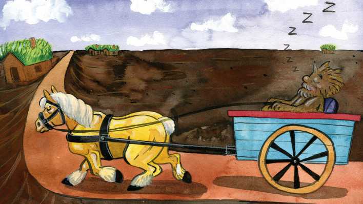 Bunte Zeichnung: ein schlafender Pannekoker in einem Pferdewagen wird von einem Pannoveraner über eine Landstraße gezogen (Quelle: rbb/OHRENBÄR/Leonard Erlbruch)