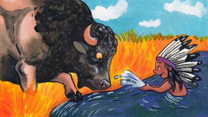 Bunte Zeichnung: ein Mädchen im Wasser, mit Kopfschmuck der Indianer, sie bespritzt einen Büffel vor ihr mit Wasser (Quelle: rbb/OHRENBÄR/Leonard Erlbruch)