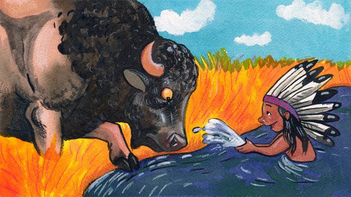 Bunte Zeichnung: ein Mädchen im Wasser, mit Kopfschmuck der Indianer, sie bespritzt einen Büffel vor ihr mit Wasser (Quelle: rbb/OHRENBÄR/Leonard Erlbruch)