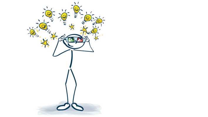 Strichmännchen hält klug die Brille vor den Augen, um den Kopf schweben leuchtende Sterne und Glühlampen (Quelle: Colourbox)