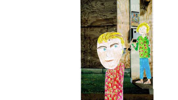 Bunte Kindercollage: zwei blonde Figuren vor einer Holzwand (Quelle: Nikolas Nink)