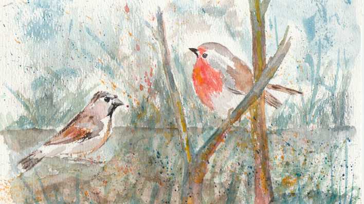 Eine Farbzeichnung: zwei Vögel im Grünen (Quelle: Charlotte Rieger)