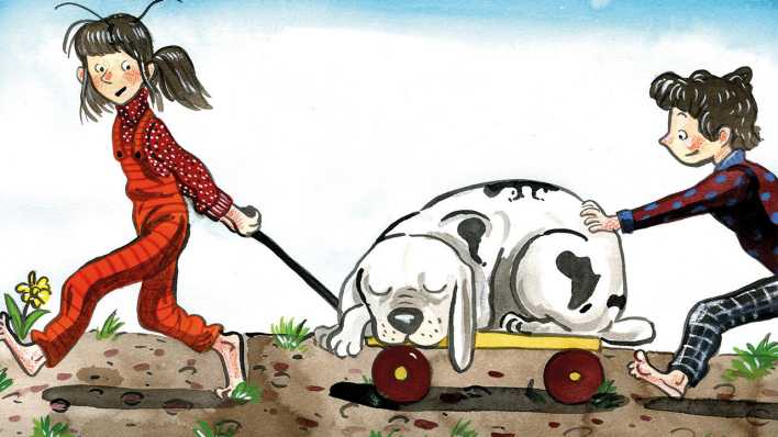 Bunte Zeichnung: ein Mädchen zieht einen Wagen, darauf ein schlafender Hund, dahinter ein Junge, der den Wagen schiebt (Quelle: rbb/OHRENBÄR/Leonard Erlbruch)