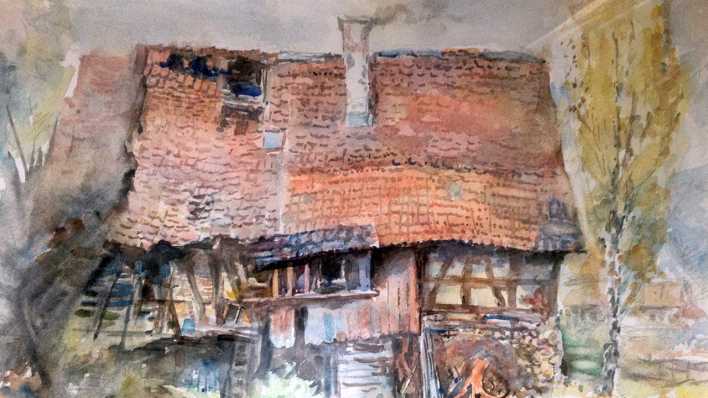 Bunte Zeichnung: ein verfallenes Haus, vom Dach steigt Rauch (Quelle: Johannes Frank)