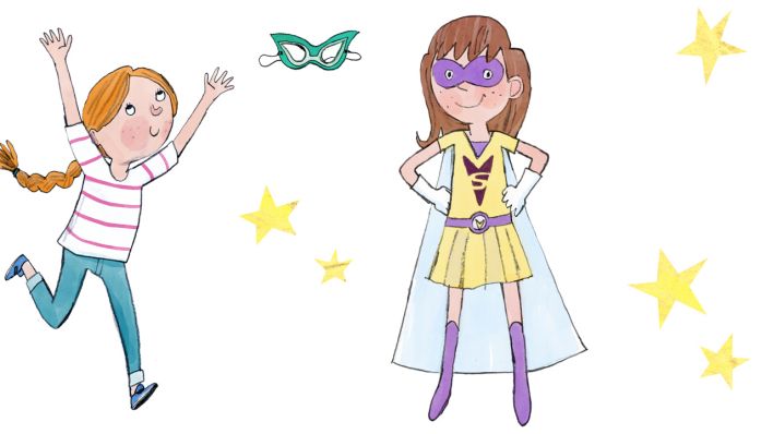 Bunte Zeichnung: Mädchen greift nach einer Maske und Supergirl, drumherum gelbe Sterne (Quelle: ARD)