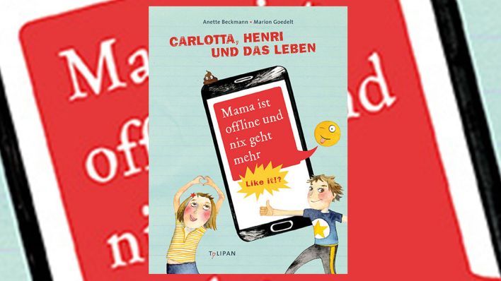 Buchcover: bunte Zeichnung mit einem Mädchen, das mit den Händen ein Herz macht, und einem Jungen, der mit dem rechten Daumen noch oben zeigt; dahinter ein riesengroßes Smartphone (Quelle: Tulipan Verlag)