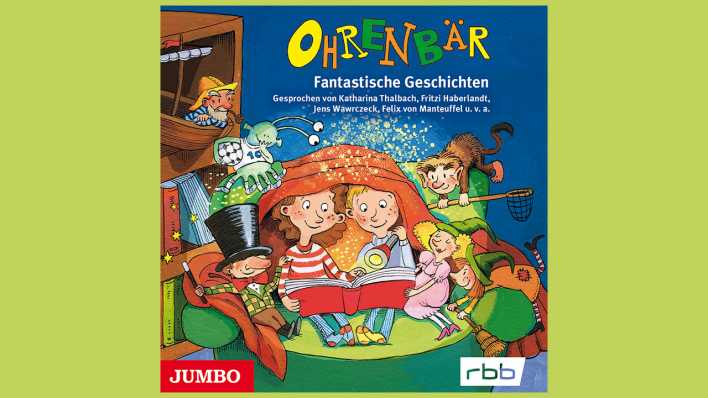 CD-Cover mit bunter Zeichnung: zwei Kinder lesen ein Buch unter der Decke mit Taschenlampe, drumherum fantastische Figuren (Quelle: Jumbo Verlag)