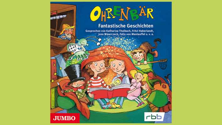 CD-Cover mit bunter Zeichnung: zwei Kinder lesen ein Buch unter der Decke mit Taschenlampe, drumherum fantastische Figuren (Quelle: Jumbo Verlag) CD-Cover mit bunter Zeichnung: zwei Kinder lesen ein Buch unter der Decke mit Taschenlampe, drumherum fantastische Figuren (Quelle: Jumbo Verlag)