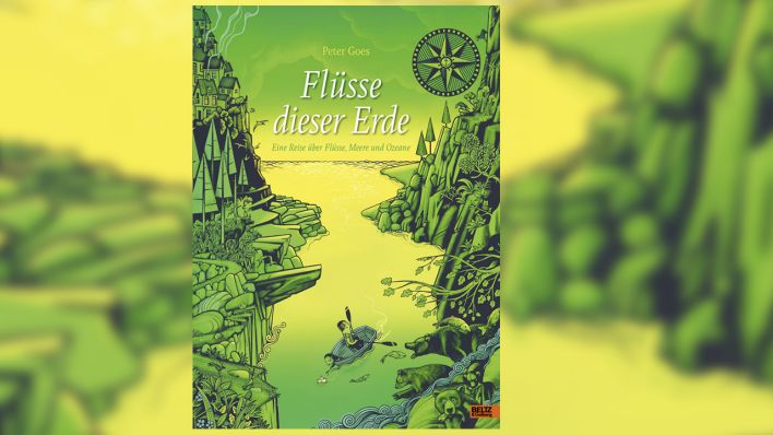Buchcover: Zeichnung in grün, gelb und schwarz - ein Ruderboot mit zwei Personen auf einem Fluss, links und rechts Felsen, Häuser und Bäume (Quelle: Beltz & Gelberg)