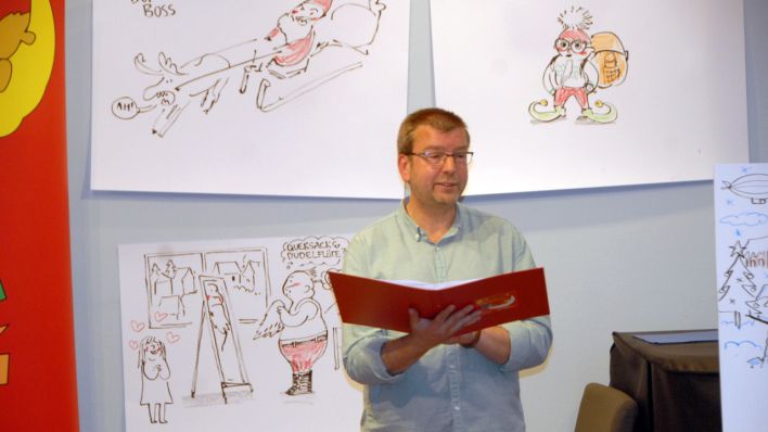 OHRENBÄR-Autor Hubert Schirneck liest, im Hintergrund Zeichnungen von Sandra Bach an der Wand (Quelle: rbb/OHRENBÄR/Birgit Patzelt)