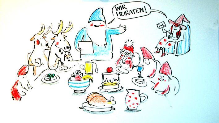 Bunte Zeichnung von Sandra Bach: Weihnachtsmann mit Befana (Quelle: rbb/OHRENBÄR/Birgit Patzelt)