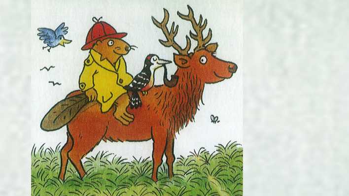 Bunte Zeichnung: Biber und Specht sitzen auf einem Hirsch, Vögel fliegen (Quelle: Deutsche Grammophon/Erhard Dietl)