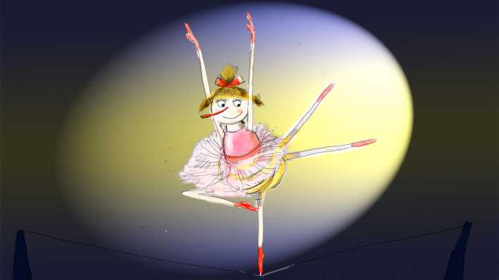 Bunte Zeichnung: ein Floh als Ballerina im Rampenlicht (Quelle: H. D. Tylle)