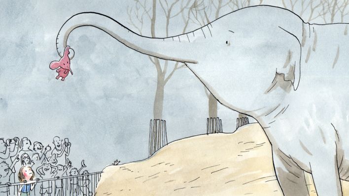 Bunte Zeichnung: ein großer Elefant hält einen kleinen, rosafarbenen Elefanten nach oben, im Zoo, vor dem Zaun stehen viele Kinder und Erwachsene (Quelle: rbb/OHRENBÄR/Jens Rassmus)