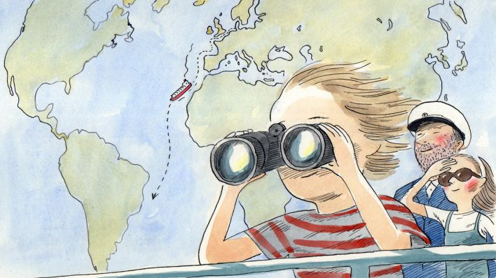 Bunte Zeichnung: Bertil, Thora und Papa auf dem Deck eines großen Schiffes, im Hintergrund eine Weltkarte (Quelle: rbb/OHRENBÄR/Jens Rassmus)