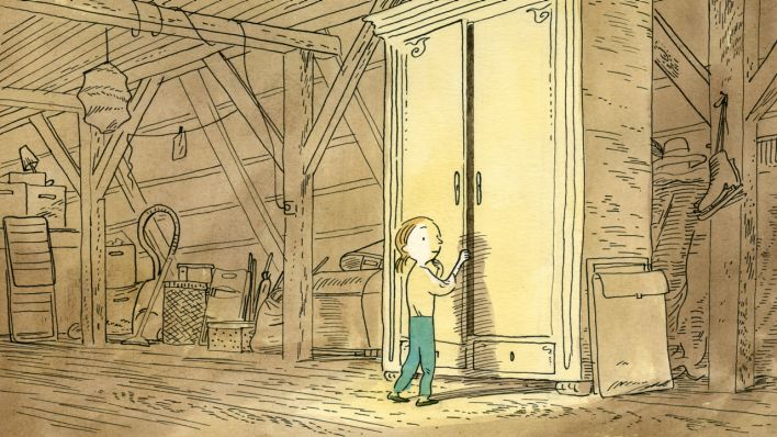 Bunte Zeichnung: ein Mädchen auf dem Dachboden, öffnet heimlich einen alten Schrank (Quelle: rbb/OHRENBÄR/Jens Rassmus)