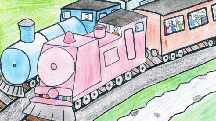 Bunte Zeichnung: zwei Dampfloks fahren auf Schienen nebeneinander (Quelle: Noam Nink)