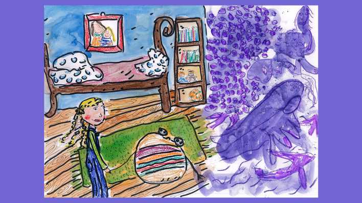 Bunte Zeichnung der Autorin: Lina in ihrem Zimmer, sie hält den kunterbunten Stoffball in den Händen, rechts ein Traumfarbenland in lila (Quelle: Karen Matting)