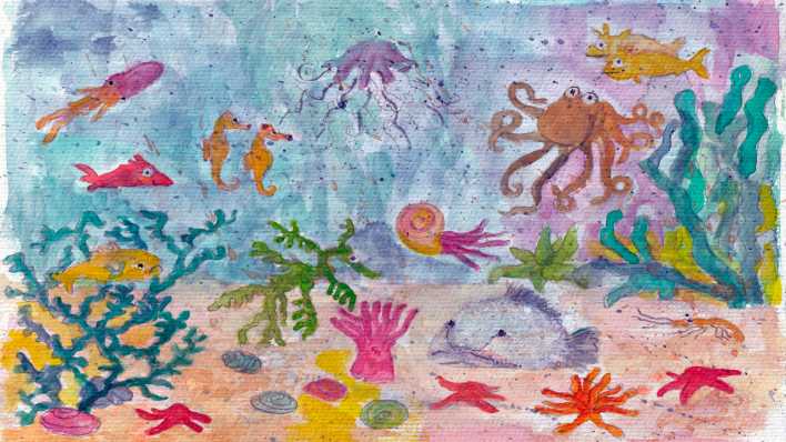Bunte Zeichnung: Meerestiere unter Wasser (Quelle: Charlotte Rieger)