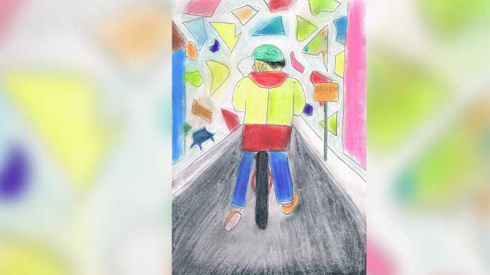 Bunte Kinderzeichnung: ein Radfahrer mit gelber Jacke und grünem Helm, vor ihm bunte Steinchen in der Luft (Quelle: Noam und Nikolas Nink)